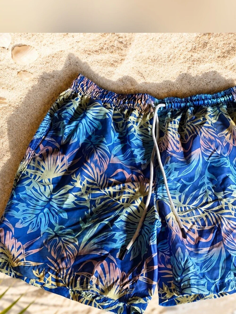 Men's Blue Tropical Leaf Swim Trunks with Drawstring